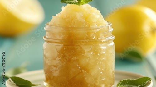 a close up of a jar on a plate with a lemon and mint garnish on top of it. photo