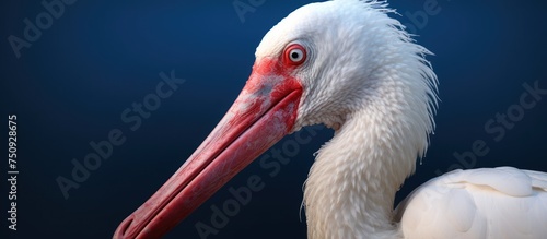 White Stork looks at the edge of its long beak isolated on a dark background