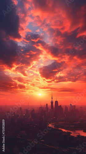 A close-up photograph of a burning sunset over a city sky, a visually stunning mobile wallpaper, photography Generative AI © QuantumQuotient