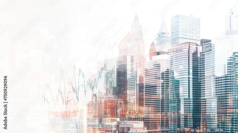 a stock graph and stacked bitcoin and a modern cityscape,  double exposure