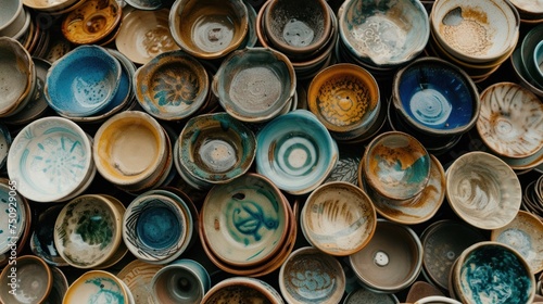 a bunch of bowls stacked on top of each other in different colors of blue, green, yellow, and white.