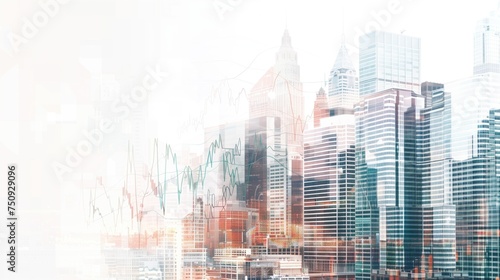 a stock graph and stacked bitcoin and a modern cityscape   double exposure