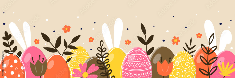 Trendy Easter banner. Design of a background with rabbits, eggs and flowers. Vector illustration Trendy Easter banner. Design of a background with rabbits, eggs and flowers. Vector illustration