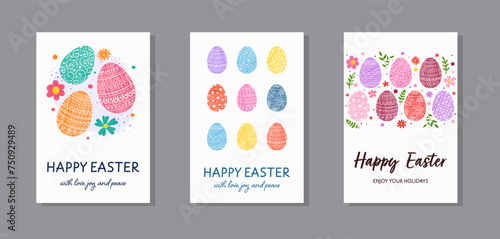 Easter greeting cards collection. Background with painted eggs and flowers. Vector illustration