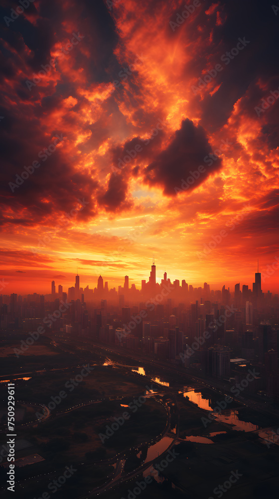 A close-up photograph of a burning sunset over a city sky, a visually stunning mobile wallpaper, photography Generative AI