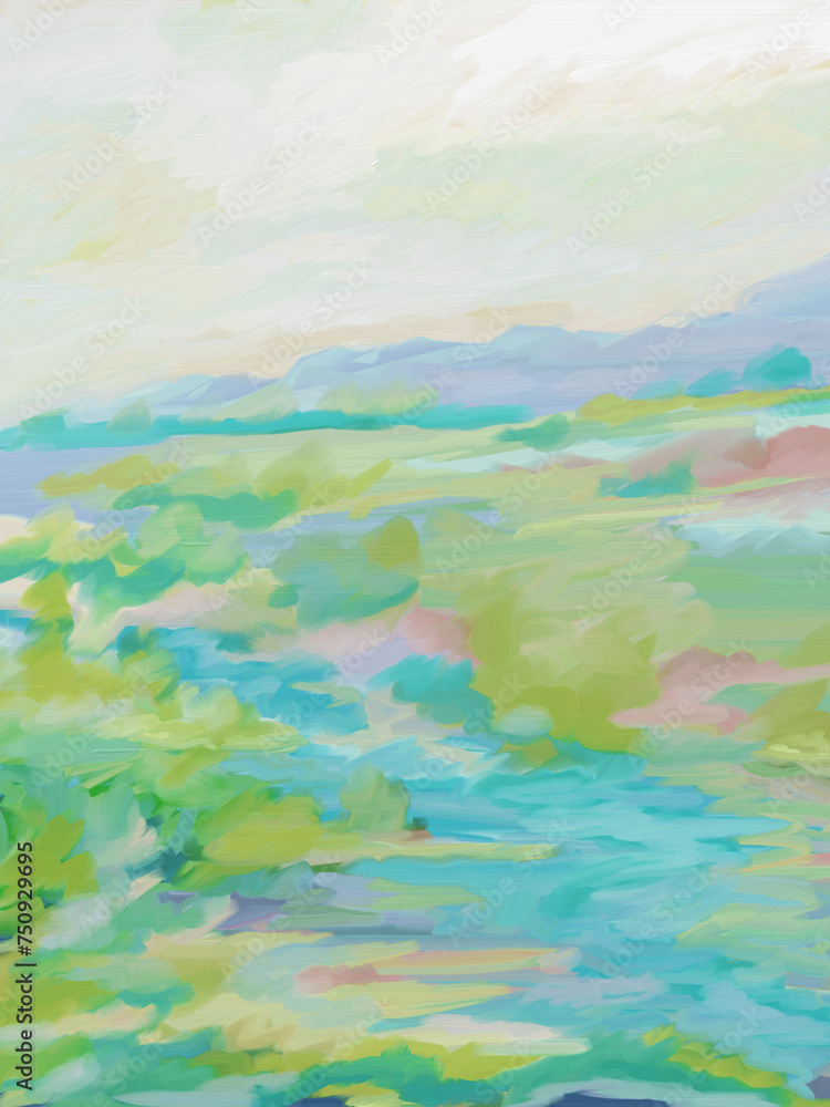 Impressionistic River, Stream or Brook Through a Meadow, Field or Pasture with Purple Mountains Behind in Muted Colors - Digital Painting, Art, Artwork, Illustration or Design