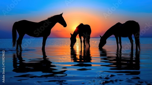a group of horses standing on top of a beach next to a body of water with the sun setting in the background.