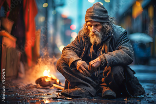 homeless Man Sitting Next to Fire