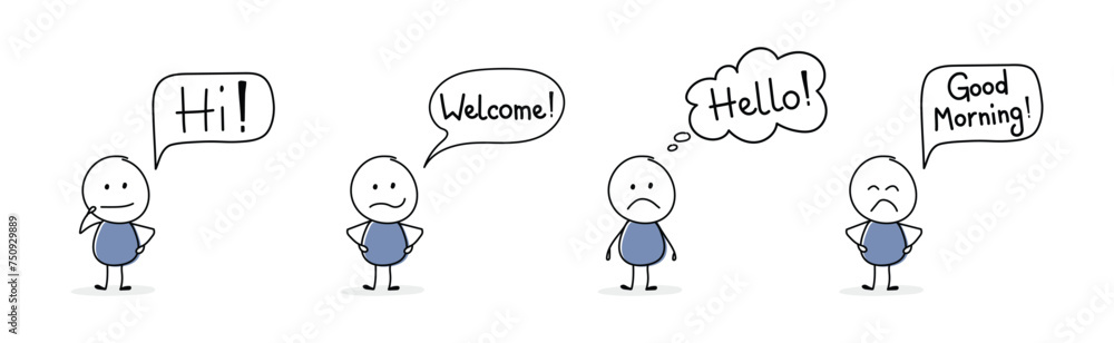 Sad stickman with greeting - welcome, hello, hi, good morning. Vector Sad stickman with greeting - welcome, hello, hi, good morning. Vector