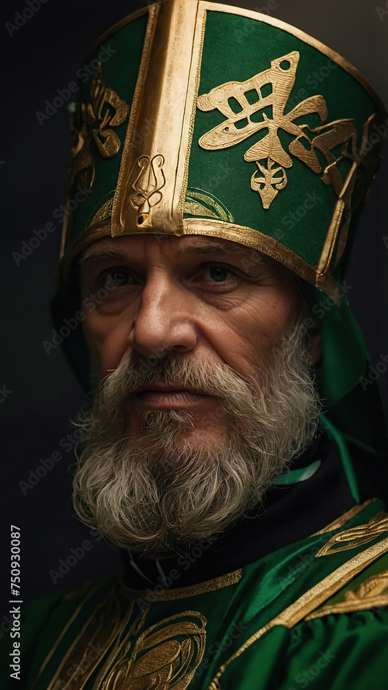An adult man with a beard wearing a green headdress and frock coat for St. Patrick's Day.