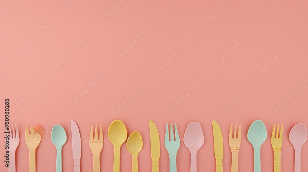a row of plastic forks and spoons lined up in a row on a pink background with a pink backdrop. a row of plastic forks and spoons lined up in a row on a pink background with a pink backdrop.
