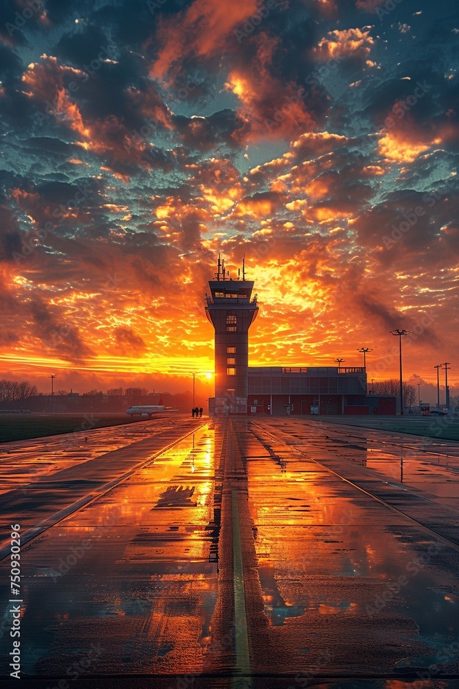 Enter the realm of a bustling airport scene as the morning sun paints the sky with a dramatic palette, setting the stage for the day's journey - obrazy, fototapety, plakaty 