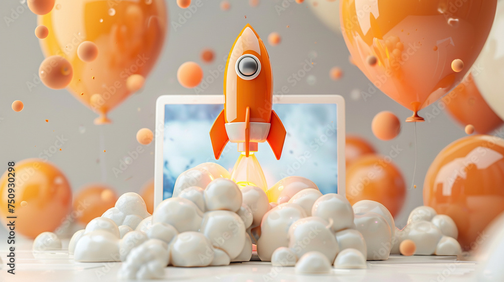 vibrant color rocket launched from laptop screen with 3d cloud smoke ...