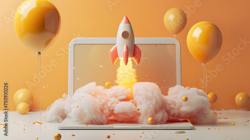 orange and yellow color rocket launched from laptop screen with 3d cloud smoke and fire, Boosting applications and workflows, concept. Launching the shuttle spaceship from a laptop.