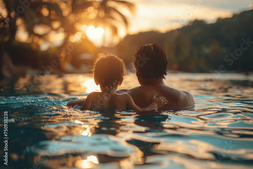 Asian father holds a child in his arms while swim in tropical sea with palm trees