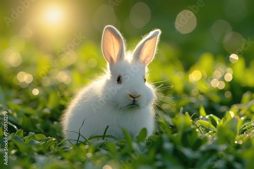 A glowing white rabbit in a lush green meadow