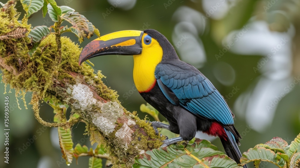 Naklejka premium a colorful bird perched on top of a tree branch with moss growing on it's sides and a yellow, blue, and black beak.