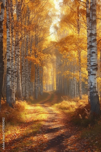 Golden fall birch forest and sunlit birch trees in an autumn landscape
