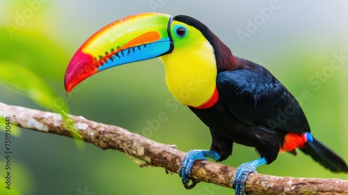 a colorful toucan sitting on top of a tree branch with a bright colored beak and a black, yellow, red, and green beak. photo