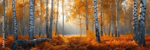 Golden fall birch forest and sunlit birch trees in an autumn landscape