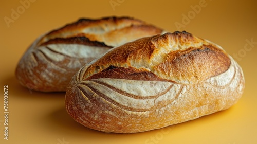 a couple of loaves of bread sitting on top of a yellow counter top next to a loaf of bread. photo