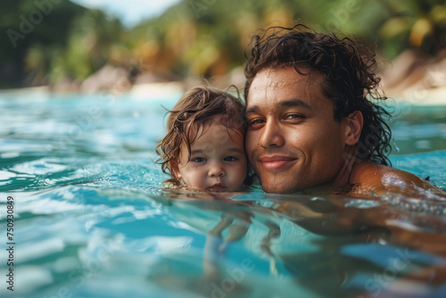 Asian father holds a child in his arms while swim in tropical sea with palm trees