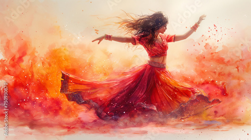 Watercolour illustration of dancing Indian girl in national dress. Selective focus. Copy space. Indian culture concept 