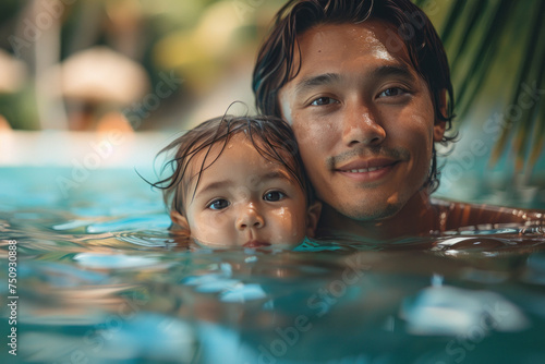 Asian father holds a child in his arms while swim in tropical sea with palm trees