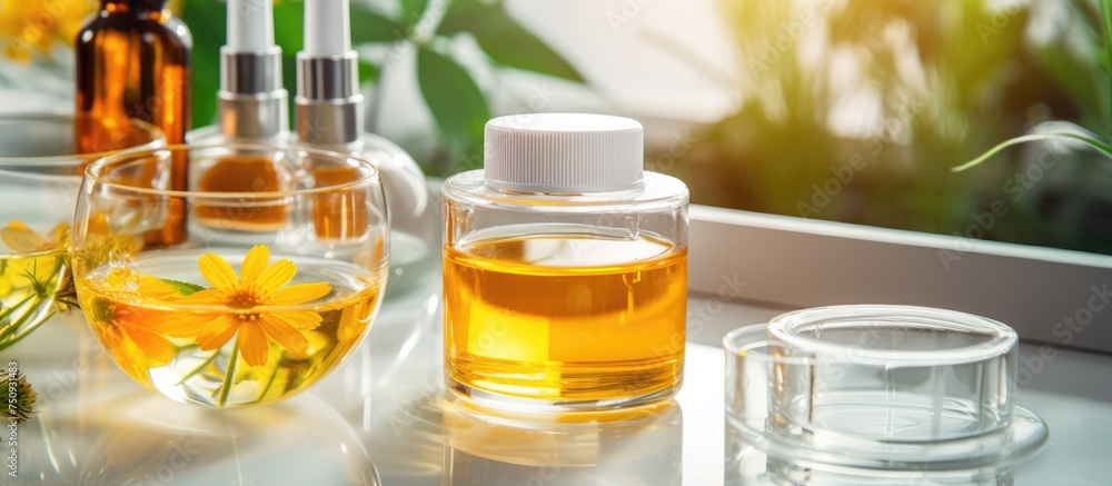 A wooden table is adorned with various bottles containing liquid, likely face cream, retinol or vitamin C serum, essential oils, and herbal extracts. Among the bottles are also flowers adding a touch A wooden table is adorned with various bottles containing liquid, likely face cream, retinol or vitamin C serum, essential oils, and herbal extracts. Among the bottles are also flowers adding a touch