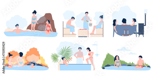 Hot thermal springs. People resting and relaxation in sauna, bath tubes and water natural spring. Wellness procedures, steam room, recent vector scenes