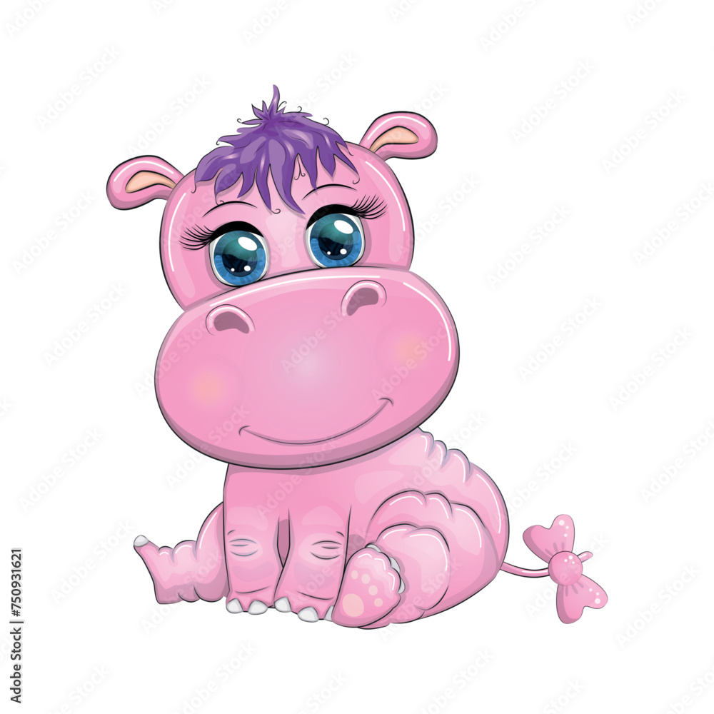 Cute Cartoon Hippo Princess in a pink dress with hearts Cute Cartoon Hippo Princess in a pink dress with hearts