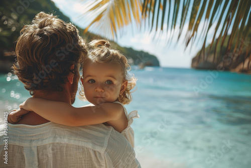 Father holds child in arms against background of tropical sea with palm trees