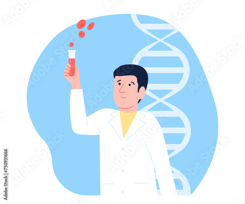 Doctor with test tube. Chemical or medical research, chemistry scientist looking on blood and cells. Lab assistant character, recent vector scene