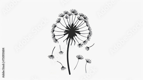 a black and white photo of a dandelion with the seeds blowing in the wind on a white background.