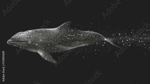 a black and white photo of a dolphin swimming in the water with bubbles coming out of it's mouth. photo