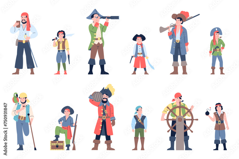 Pirates characters. Men and boys in pirate costumes. Performance or street theater actors. Sea robbers wear hats, hang spyglass, recent vector set