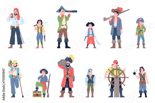 Pirates characters. Men and boys in pirate costumes. Performance or street theater actors. Sea robbers wear hats, hang spyglass, recent vector set