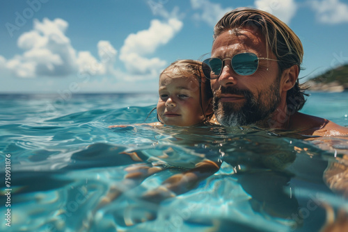 Caucasian father holds a child in his arms while swim in tropical sea with palm trees