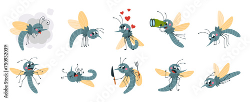 Funny mosquitoes. Isolated mosquito in various poses and with different emotions. Cartoon parasitic seasonal insect, cute classy vector characters photo