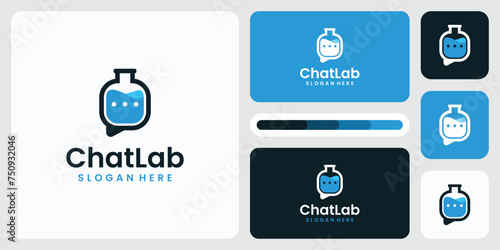 Laboratory bottle and chat bubble vector logo design in modern, simple, clean and abstract style.