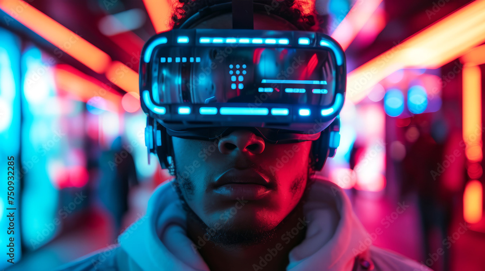 A young man wearing a futuristic headset, surrounded by vibrant red and blue lights. The atmosphere exudes advanced technology, innovation, sci-fi, interactive digital environment, striking scene A young man wearing a futuristic headset, surrounded by vibrant red and blue lights. The atmosphere exudes advanced technology, innovation, sci-fi, interactive digital environment, striking scene