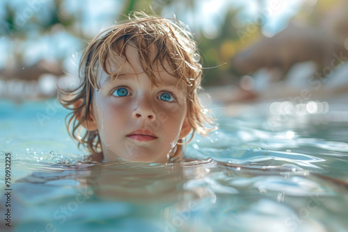 Caucasian child boy swim on tropical sea against the background of palm trees.