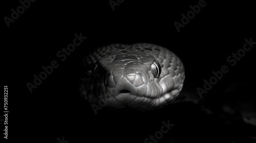 a close up of a snake's head in a dark room with a light on it's side. photo