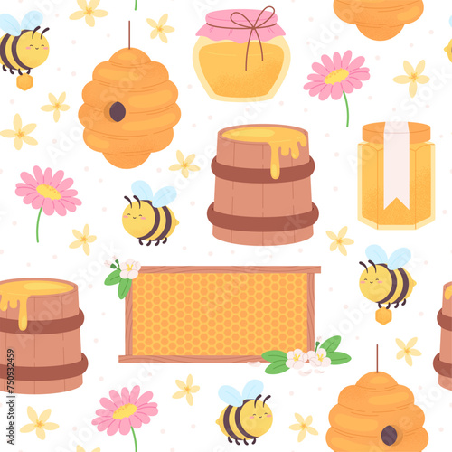 Beekeeping seamless pattern. Sweet honey jar, honeycombs and cute cartoon bee. Flat wooden barrel and flowers, seasonal racy vector background © LadadikArt