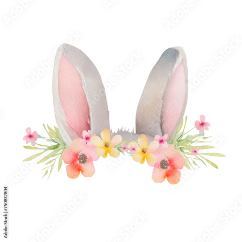 Watercolor Illustration of Easter Rabbit ear with flower wreath. Easter  rabbit  hare  child s drawing  postcard  invitation  congratulation  funny Easter card  Easter drawing