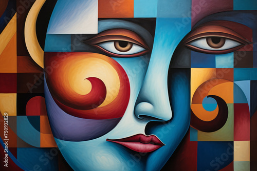 Abstract multicolored face in an abstract cubist or cubism style painting