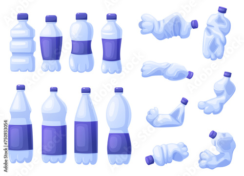 Plastic crumpled bottles. New and used bottle, isolated different containers for water. Plastics trash or garbage, unhygienic nowaday vector elements