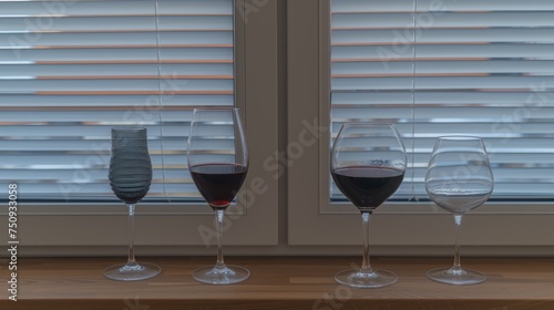 three glasses of red wine sitting on a table in front of a window with shutters in front of them. photo