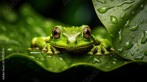 Attentive Green Frog Under Rain-Drenched Leaf Close-Up