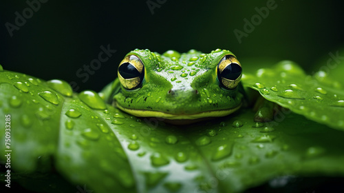 Close-Up of Green Frog Resting on Leaf with Water Droplets